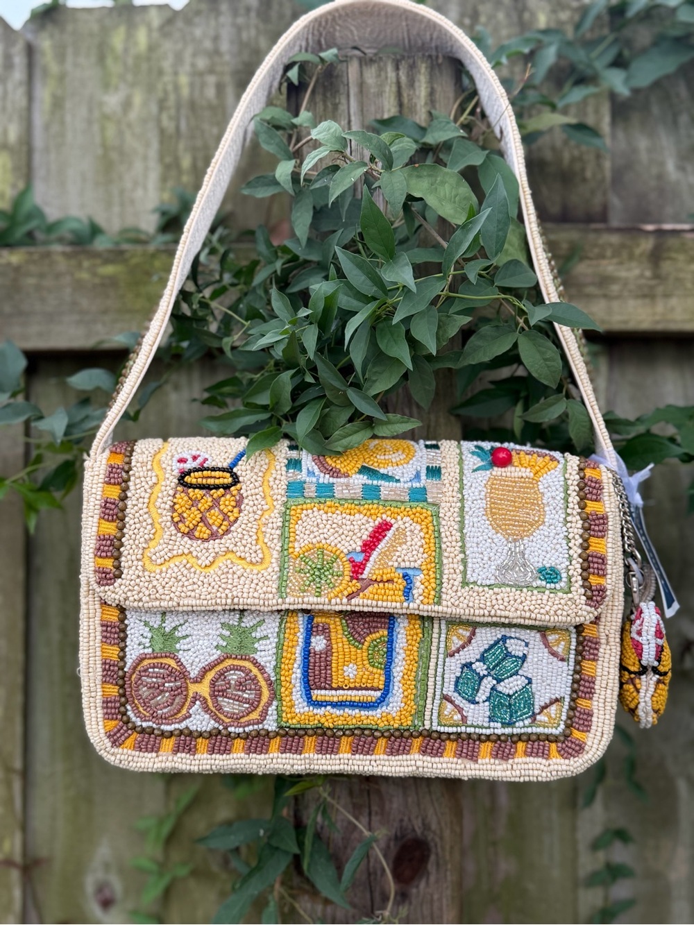 Handmade In India Tropical Beaded Shoulder Bag With Pineapple Drink Charm